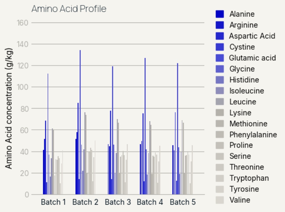 Grouped bar chart of amino acid concentrations in the harvested product across five batches.