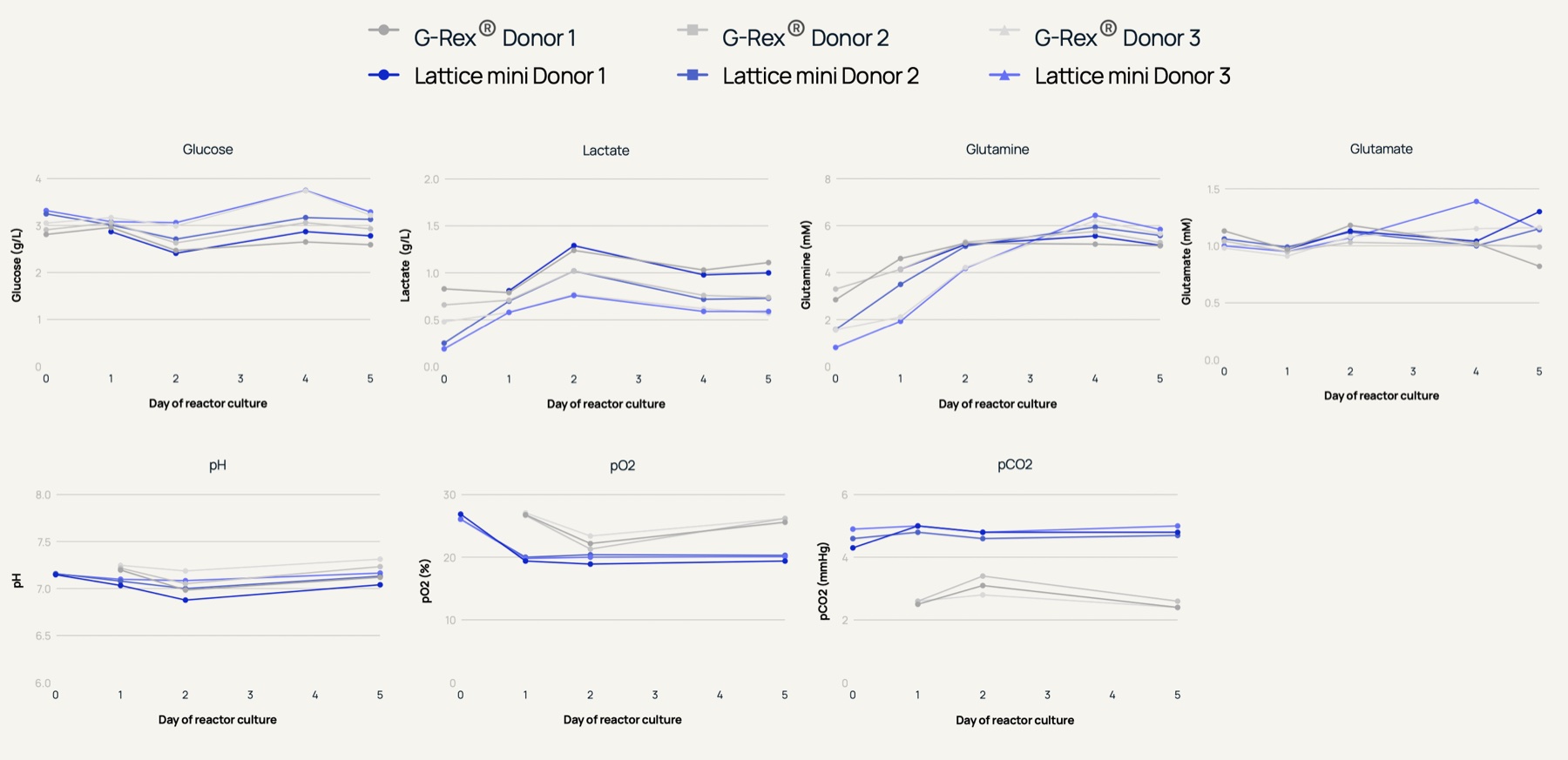 Charts of lactate, glucose, glutamate and glutamine alongside pH, pCO2 and pO2 trends for Lattice mini and G-Rex across three donors.